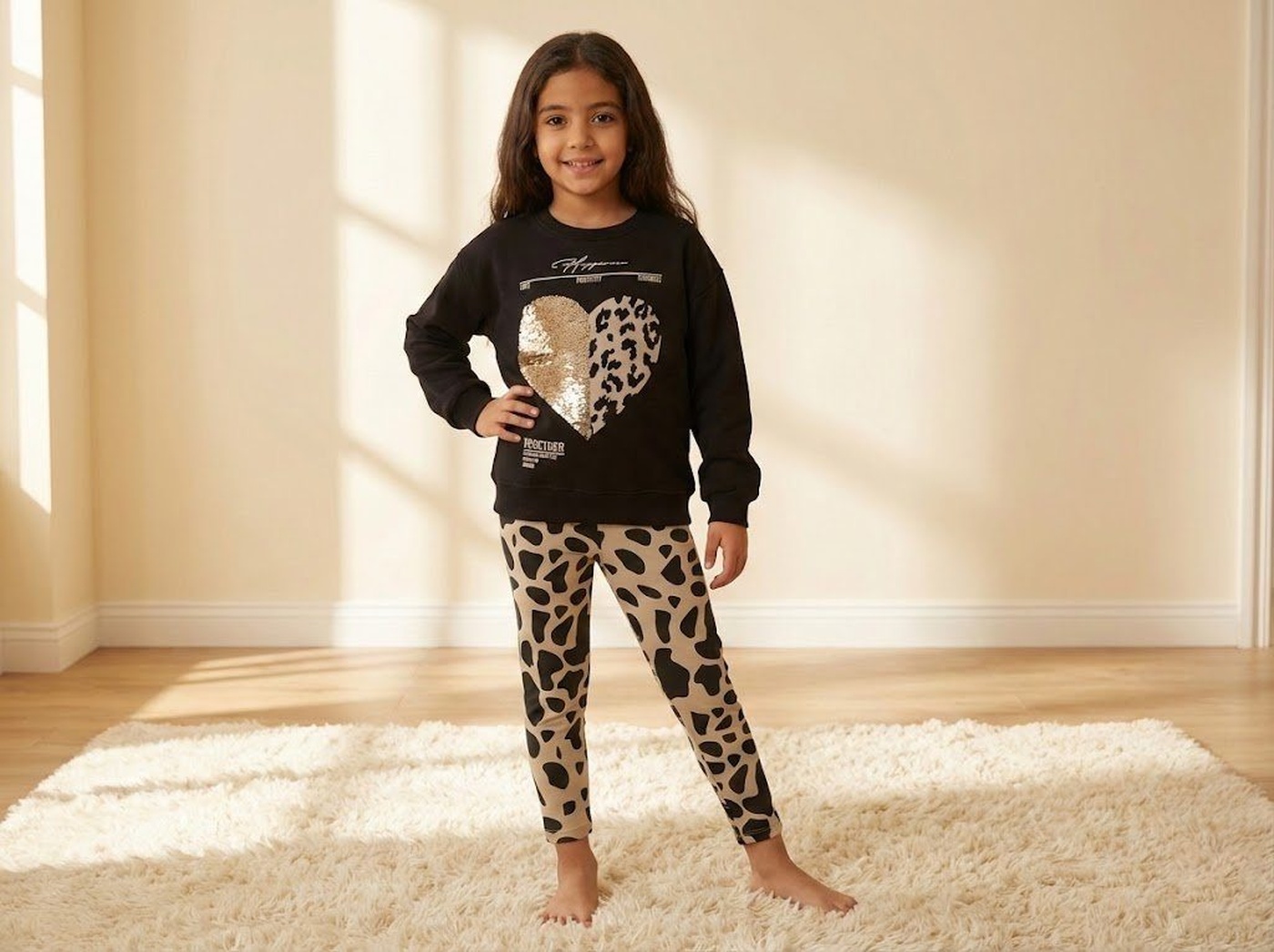 Heart Black Set - Girl (Cow Print Pants)