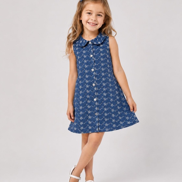Blue Collared Dress - Girl (Button Front)