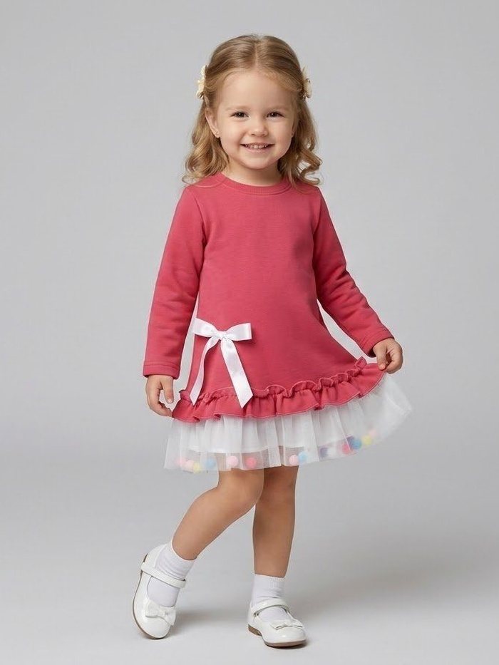 Pom Pom Tulle Dress Set Dark Pink - Girl (White Ribbon Bow)