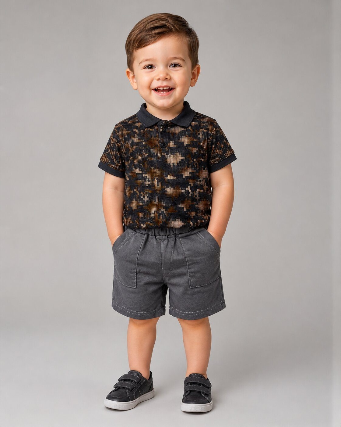 Patterned Black Polo Shorts Set - Boy (Contrast Gray Shorts)-24M