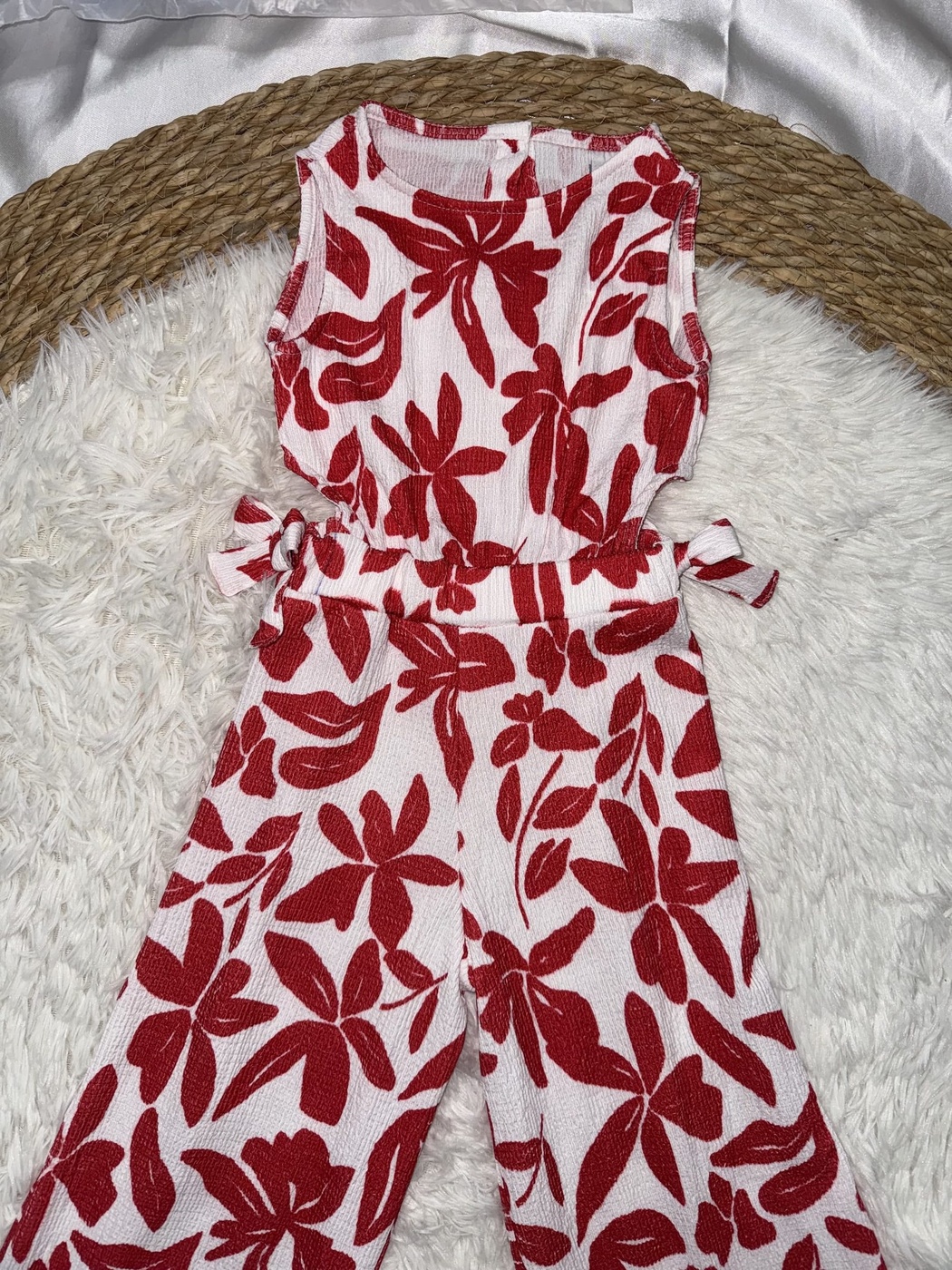 Red Floral Jumpsuit - Girl (Side Bows)-08