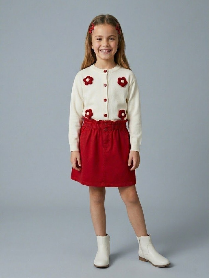3D Flower Cardigan Set White - Girl (Red Skirt)