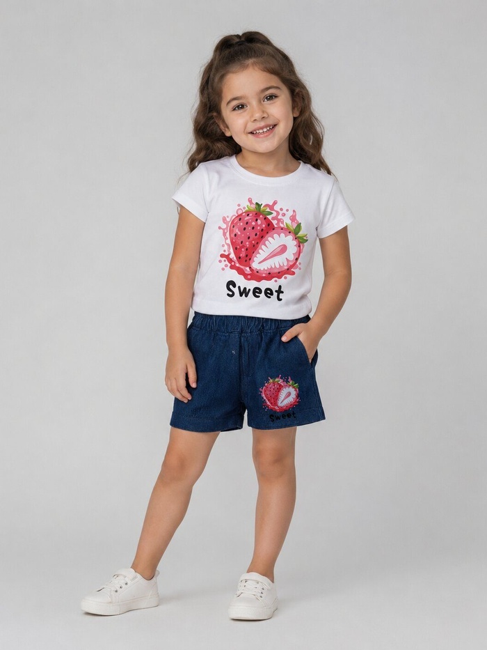 Sweet Strawberry White Shorts Set - Girl (Front Strawberry Graphic)
