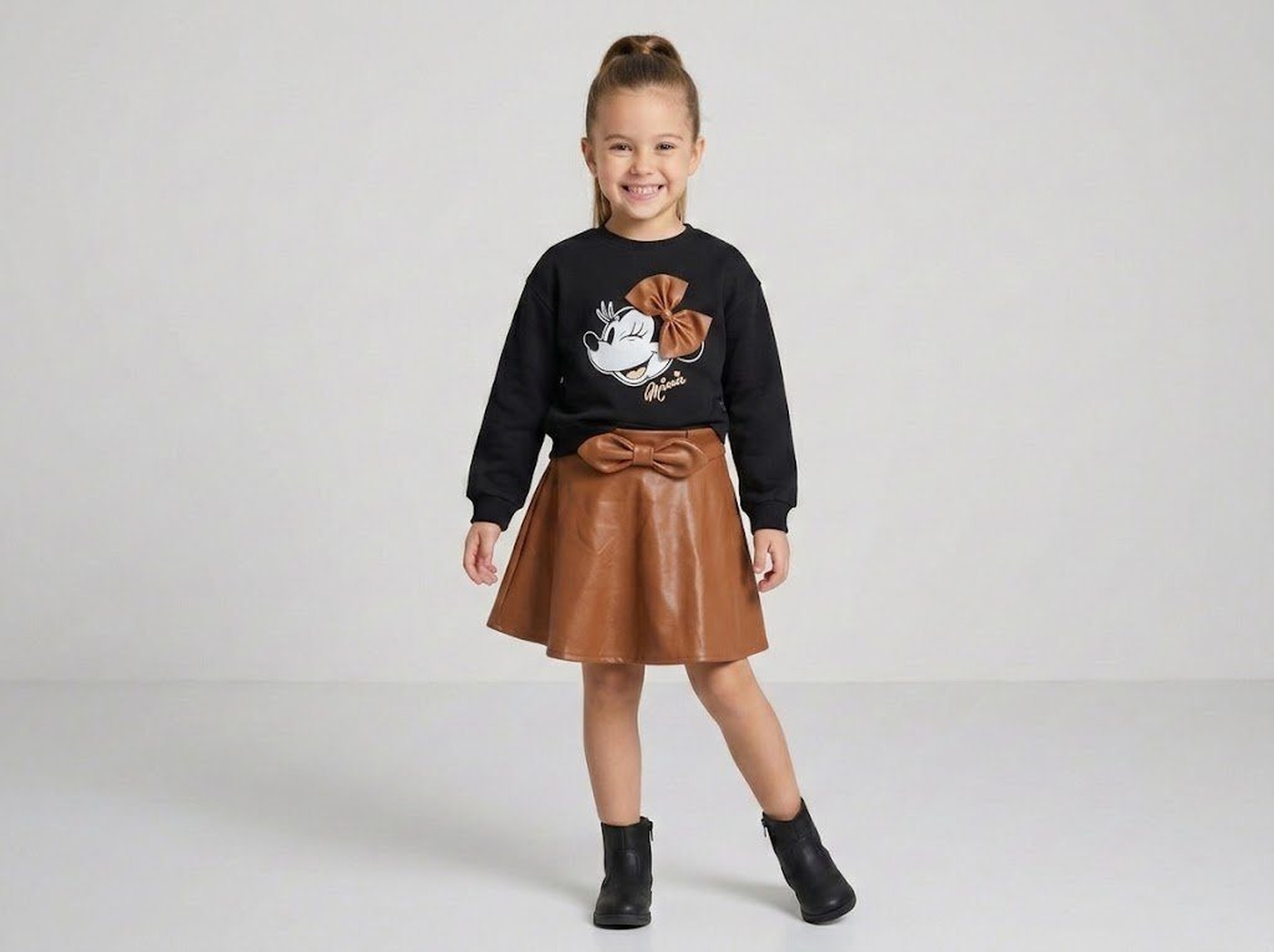 Minnie Leather Bow Set Black - Girl (Brown Leather Skirt)