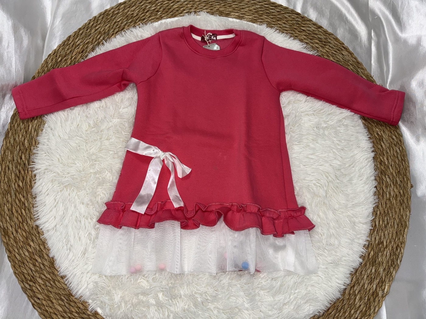 Pom Pom Tulle Dress Set Dark Pink - Girl (White Ribbon Bow)