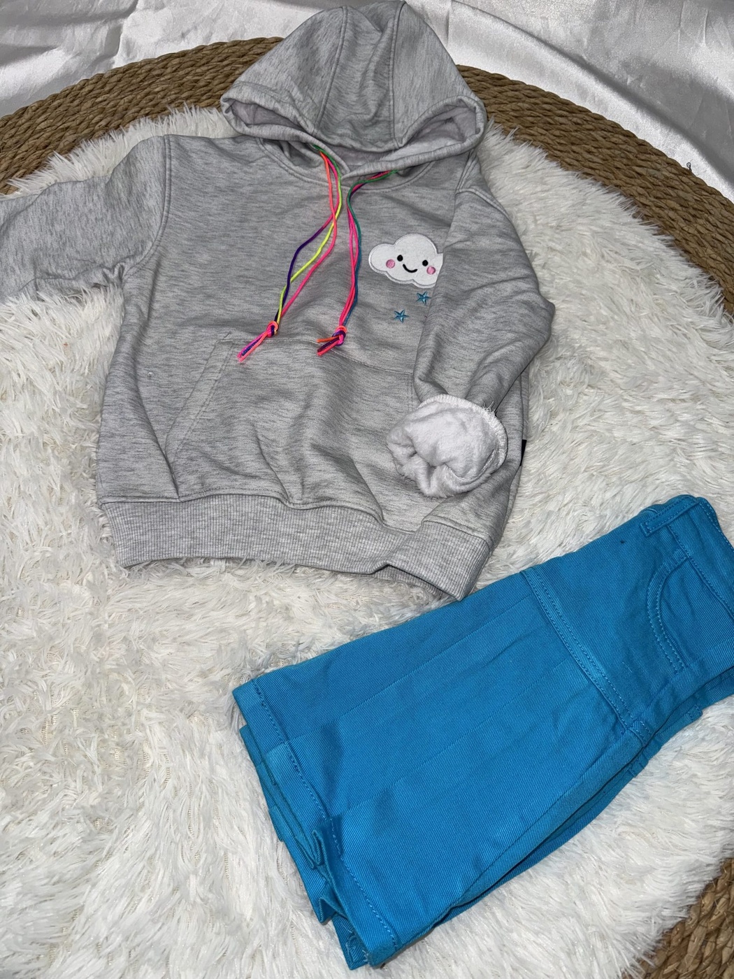 Rainbow Cloud Fringe Hoodie Set Grey - Girl (Blue Denim Skirt)