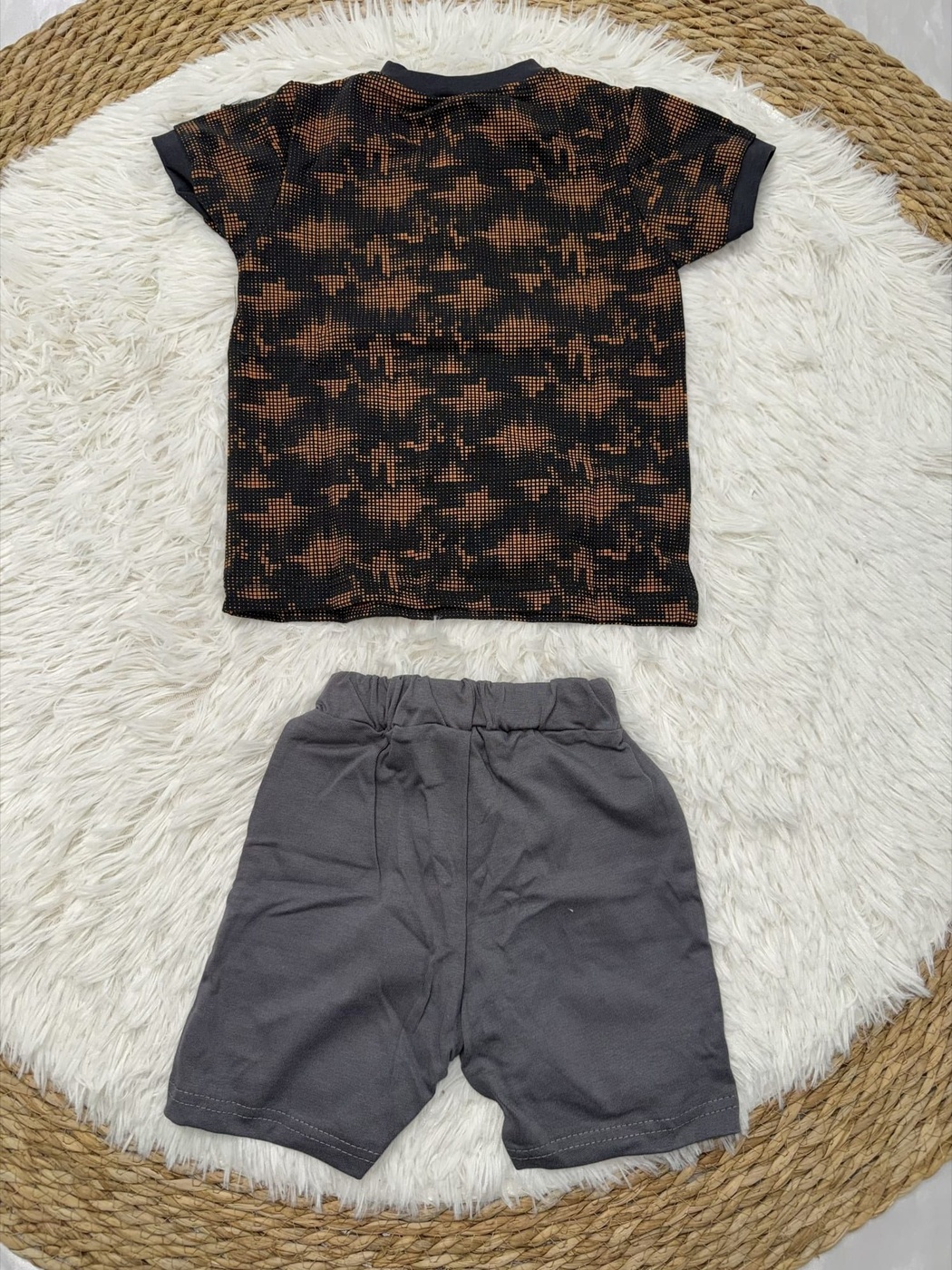 Patterned Black Polo Shorts Set - Boy (Contrast Gray Shorts)-24M