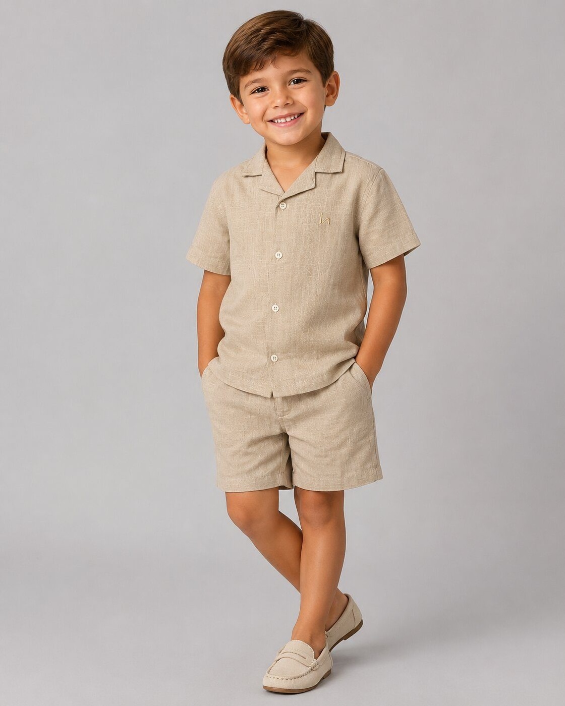 Beige Short Set - Boy (Button Shirt)-06
